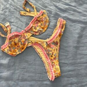 BlackBough Swim Pink Gingham Floral Ruffle Bikini Set